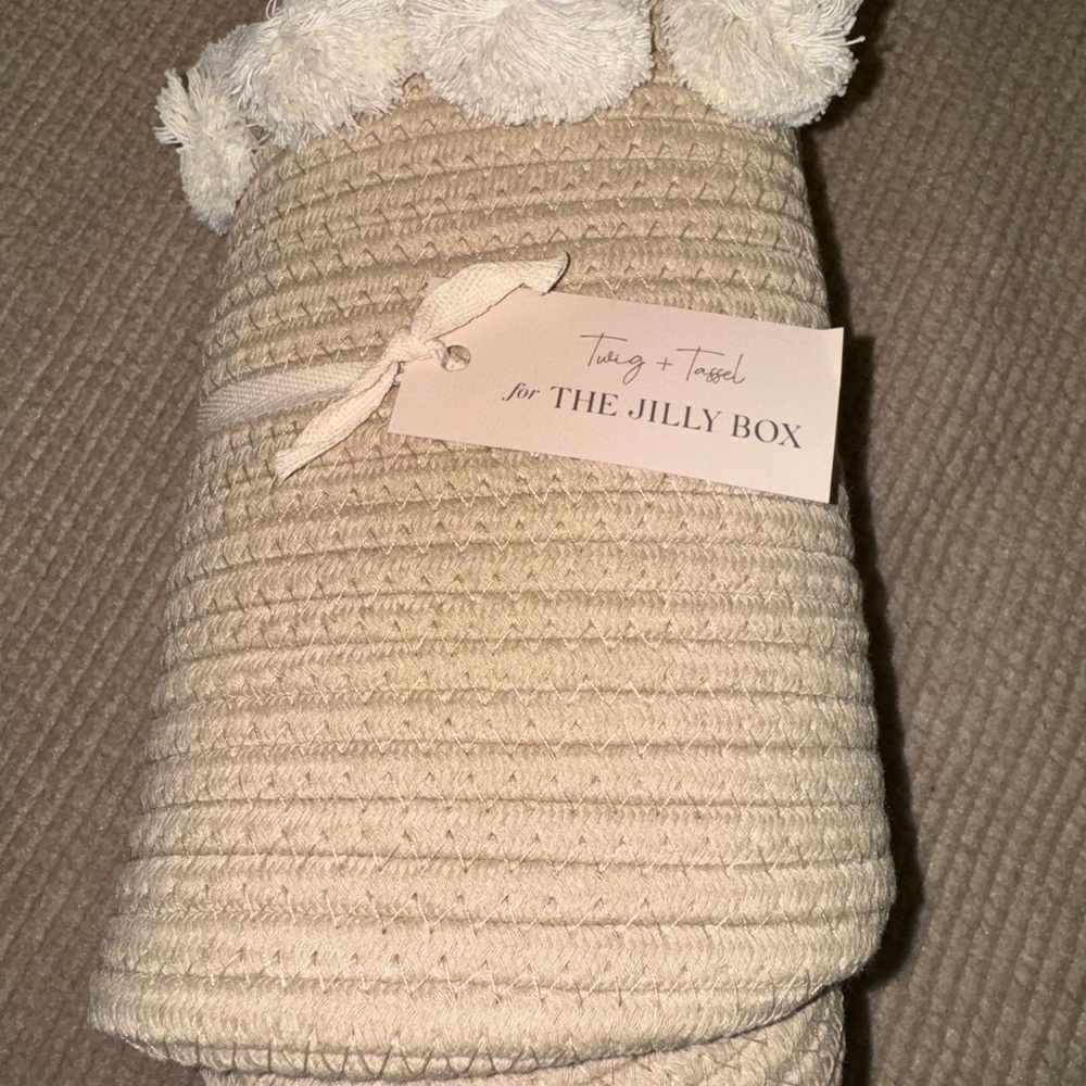 Tan Woven Basket with Pom Poms
